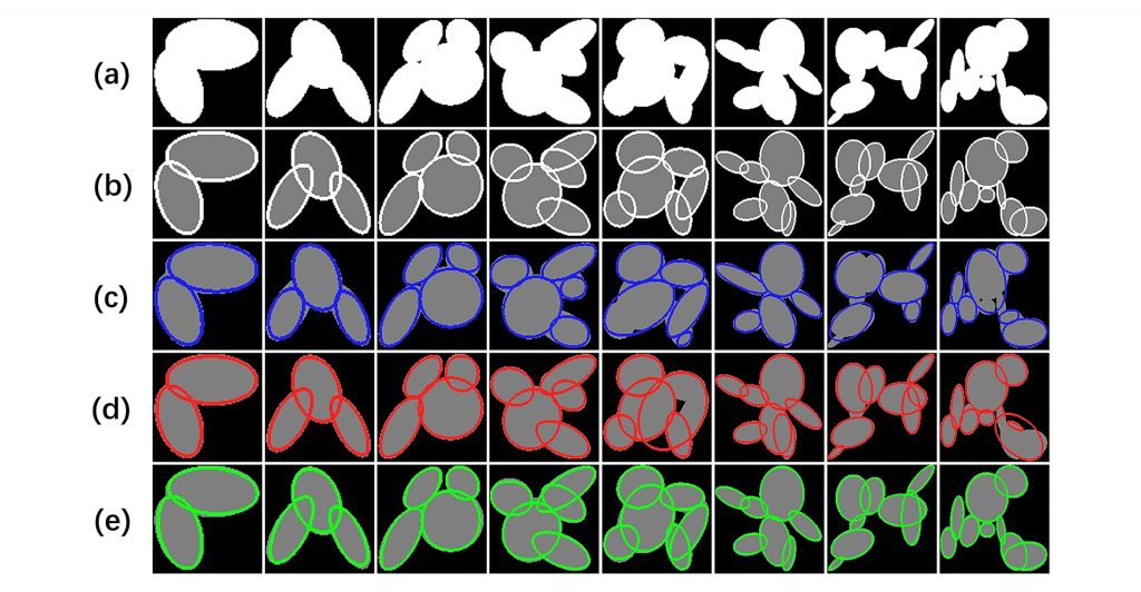 Figure 9 from the study shows examples of ellipse fitting results for the synthetic test set: (a) original binary image, (b) ground truth, (c) results from Panagiotakis et al. (2018) model, (d) results from Zafari et al. (2016) model and (e) results from the proposed method. The number of true ellipses increased from two (leftmost column) to nine (rightmost column).