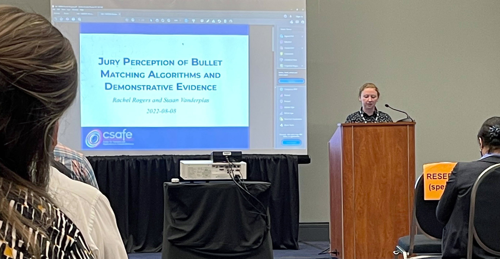 Rachel Rogers, a Ph.D. student in statistics, presented her poster, “Jury Perception of Bullet Matching Algorithms and Demonstrative Evidence,” during a speed session at the Joint Statistical Meetings.