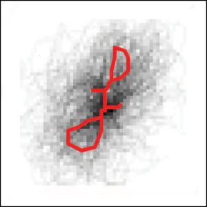 Figure 1 from the journal article shows one of the clusters extracted from a writing sample using CSAFE’s R package, handwriter. A cluster is characterized by an exemplar graph, shown in red.