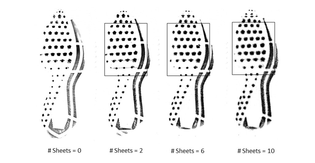 Figure 2 from the journal article shows increasingly blurred impressions from a right-side Nike Winflow 4 shoe. The same shoe was scanned with 0, 2, 6 or 10 sheets of paper on the scanning surface of the EverOS scanner. The researchers ignore anything in the images outside the marked rectangle to simulate the situation where the impression is partially observed.