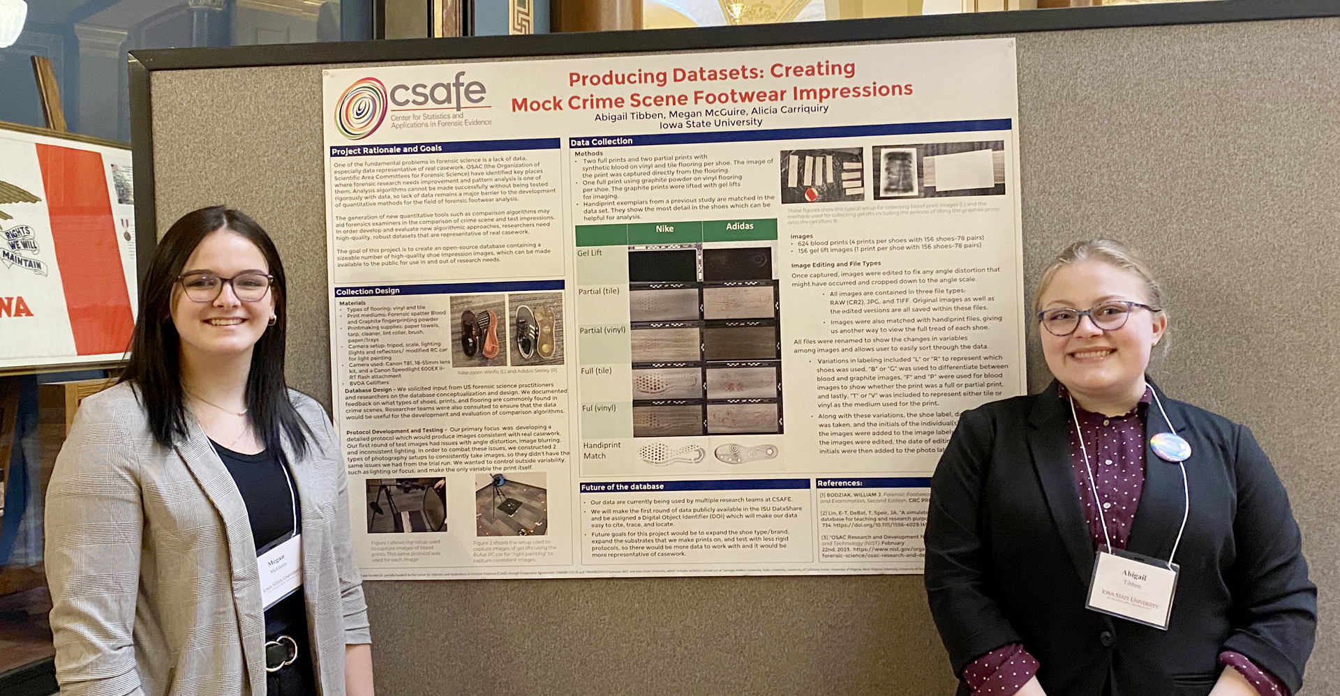 Megan McGuire (left) and Abigail Tibben presented their research project on producing a mock crime scene footwear impressions dataset. 