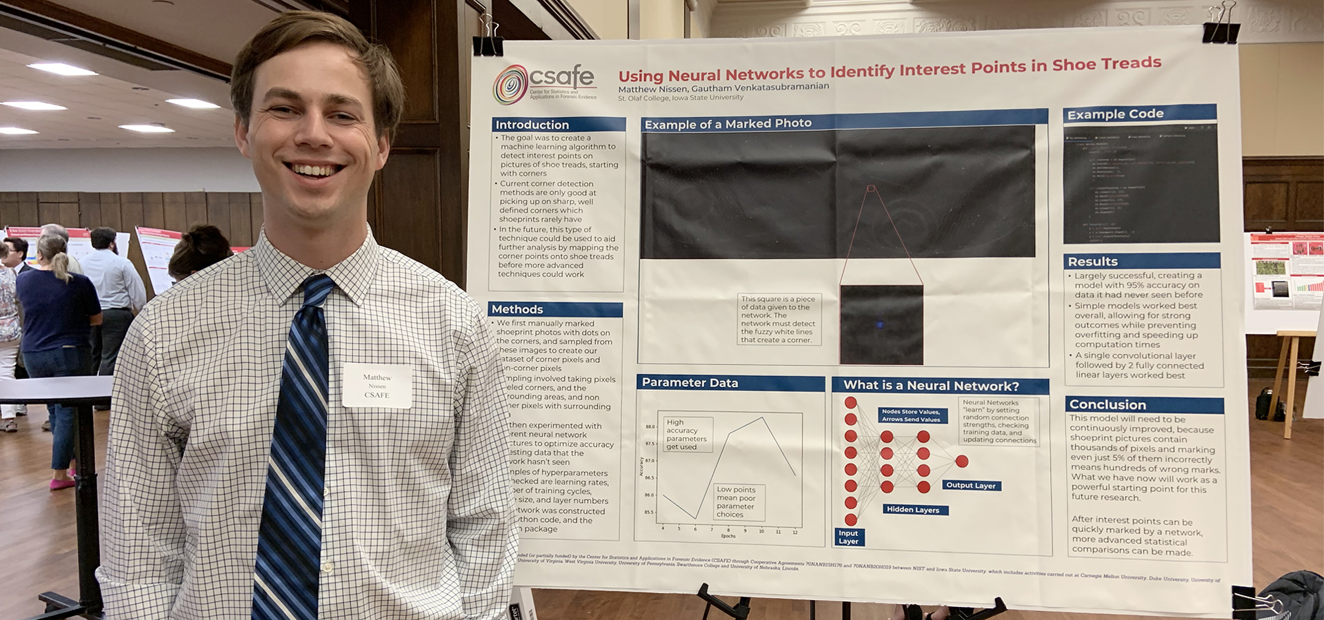 Matthew Nissen presented his research project on creating a machine learning algorithm to detect corner points on pictures of shoe treads.