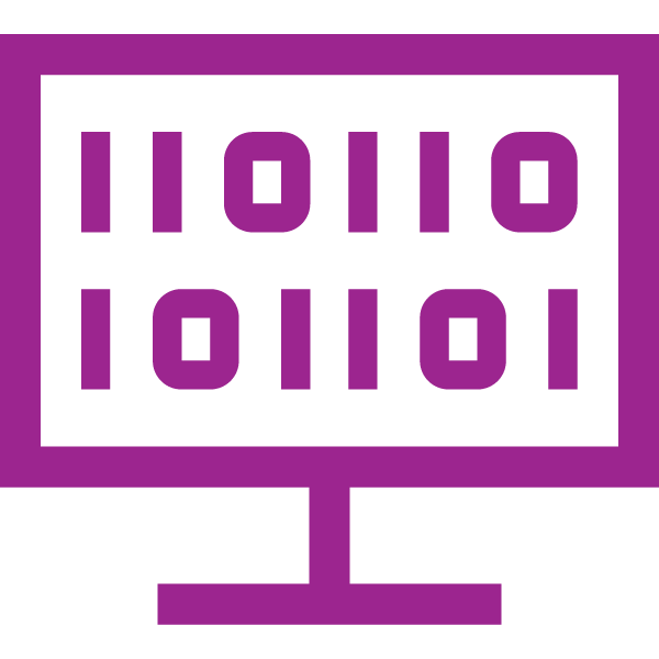 Purple computer monitor icon displaying binary code made of ones and zeros on a light background.