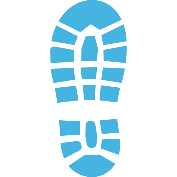 Blue shoeprint with a tread pattern on a white background.