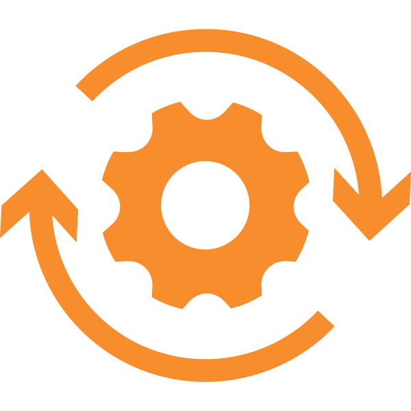 Orange gear surrounded by two circular arrows, symbolizing process, settings, or automation.
