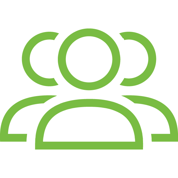 Green outline icon of three people, with one in front and two partially behind, on a light background.