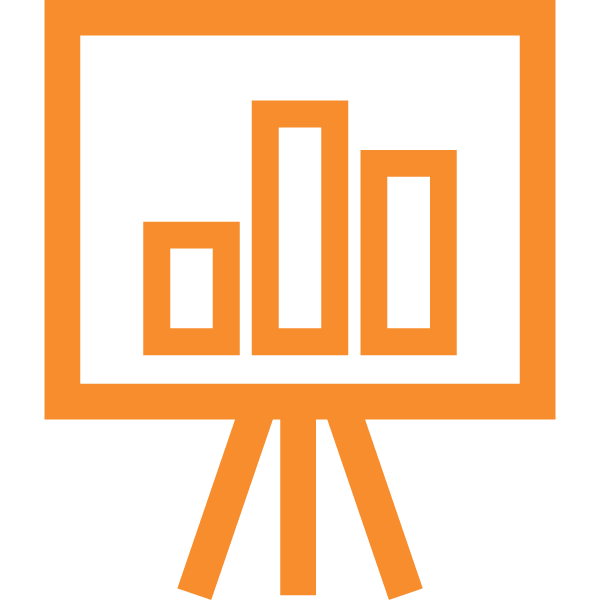 Orange icon of a bar graph on a presentation board with a tripod stand.