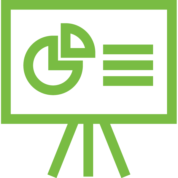 Green icon of a presentation board with a pie chart and text lines on a tripod stand.