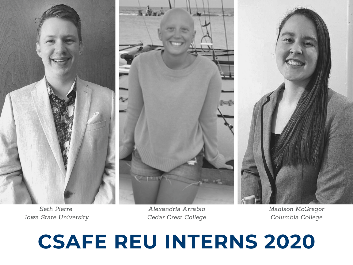 Three smiling interns in business attire, each with their name and school listed below their photo.
