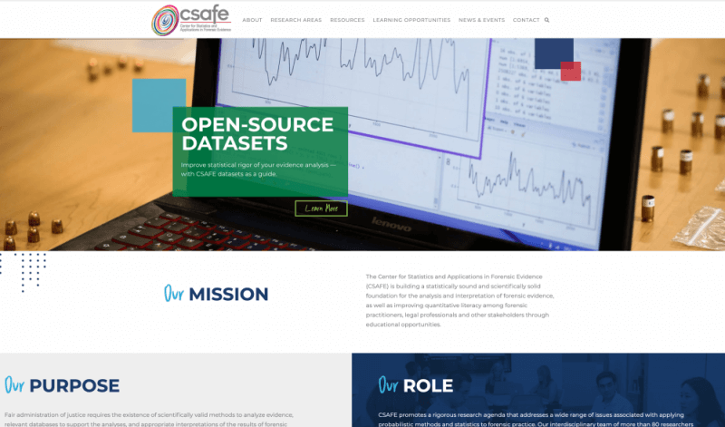 CSAFE website homepage displaying open-source datasets and research information on a laptop.