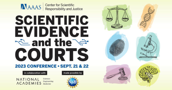 Banner for "Scientific Evidence and the Courts" 2023 conference with science and law illustrations.