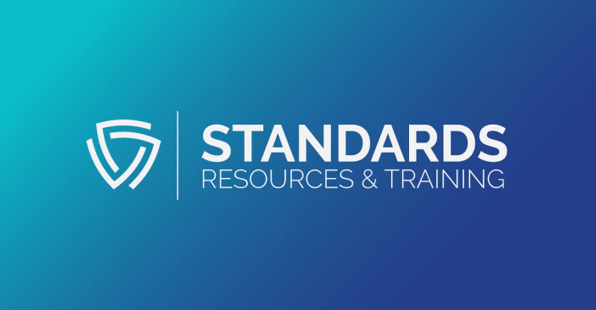 Logo with abstract shield icon and text: "STANDARDS RESOURCES & TRAINING" on a blue gradient background.