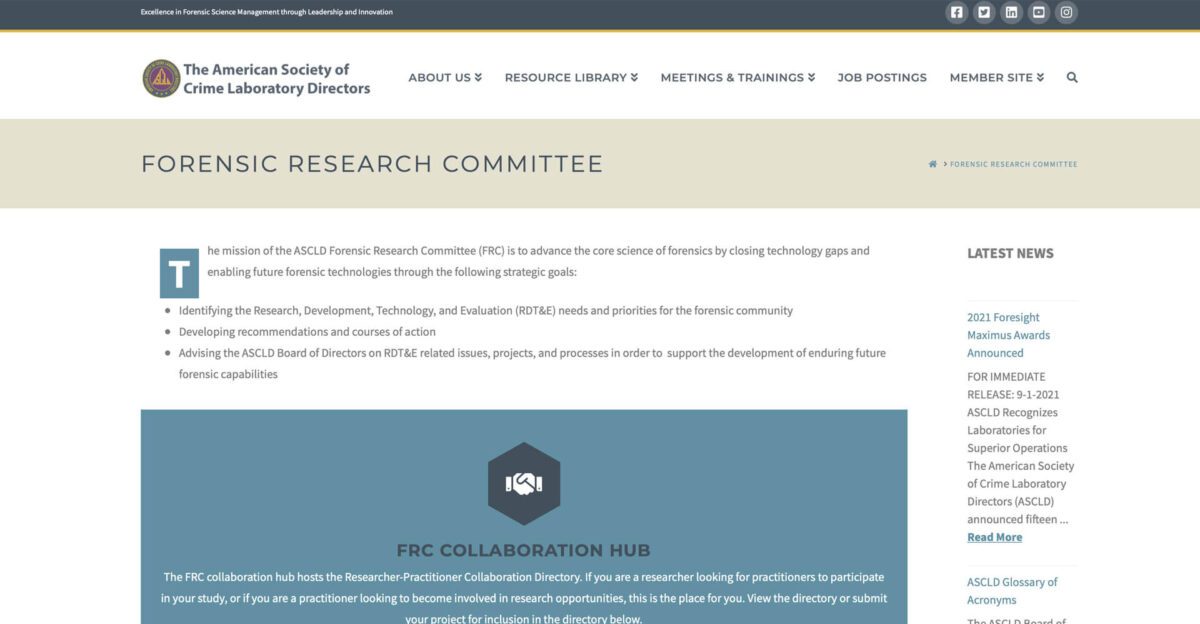 ASCLD Forensic Research Committee webpage with mission statement and sidebar of recent news.