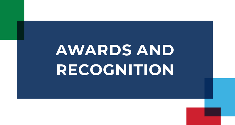 Text "AWARDS AND RECOGNITION" on a blue rectangle with colored blocks in the corners.