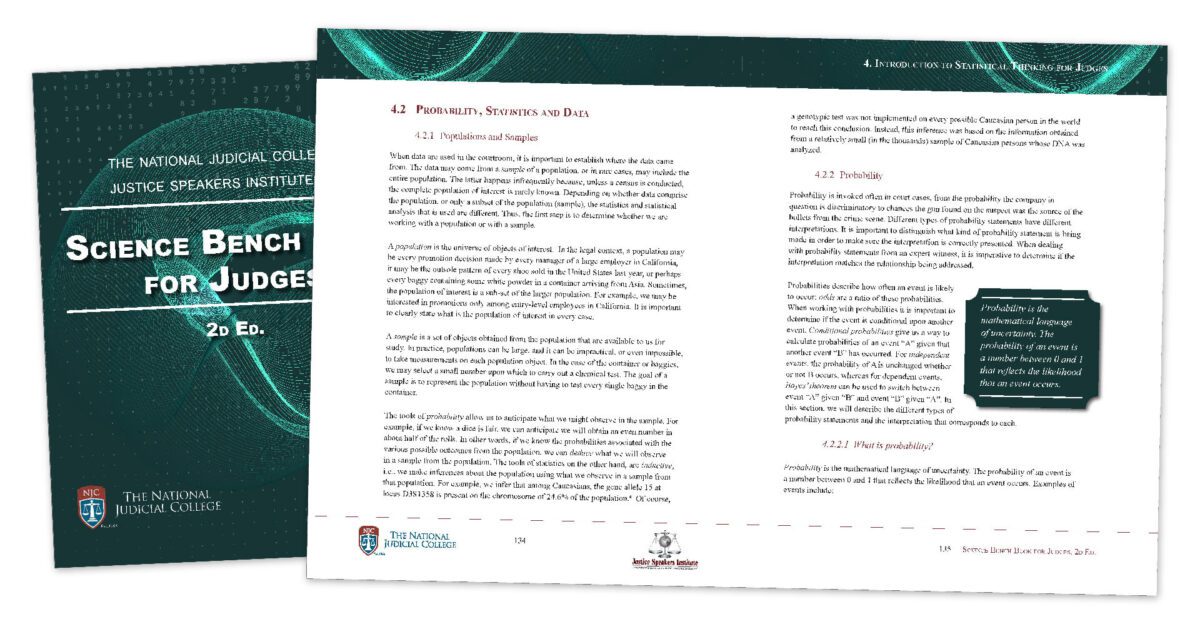 Two pages of a book titled "Science Benchbook for Judges," opened to a section on probability and statistics.