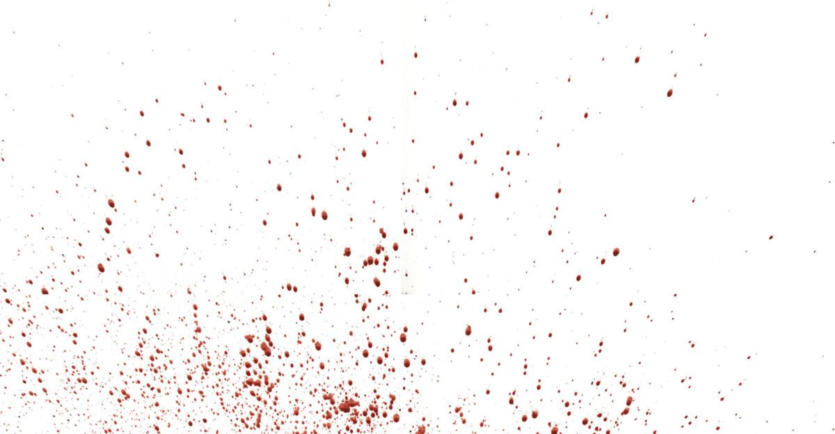 Brownish-red paint splatters scattered across a white background, concentrated more at the bottom.