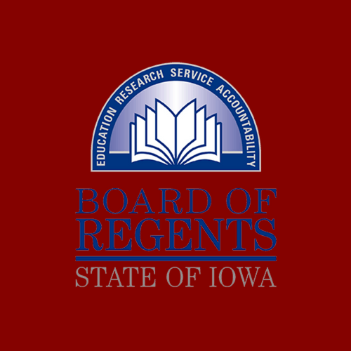 Seal of the Iowa Board of Regents with an open book and the words "State of Iowa" on a red background.