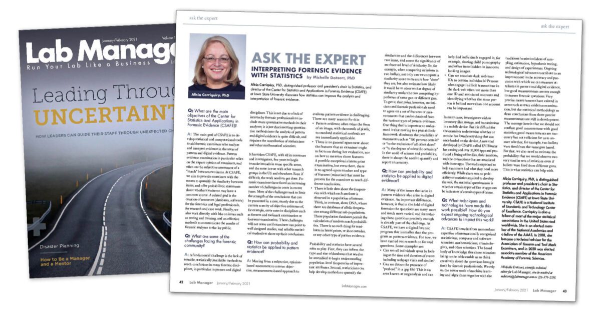 A Lab Manager magazine cover and an open article titled "Ask the Expert: Interpreting Forensic Evidence with Statistics.