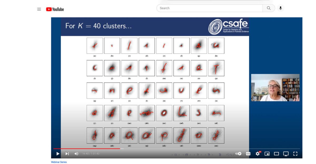 Grid of 40 handwritten number clusters in a video call inset bottom right.