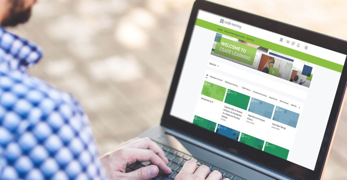 Person using a laptop displaying an online learning platform with various course modules.