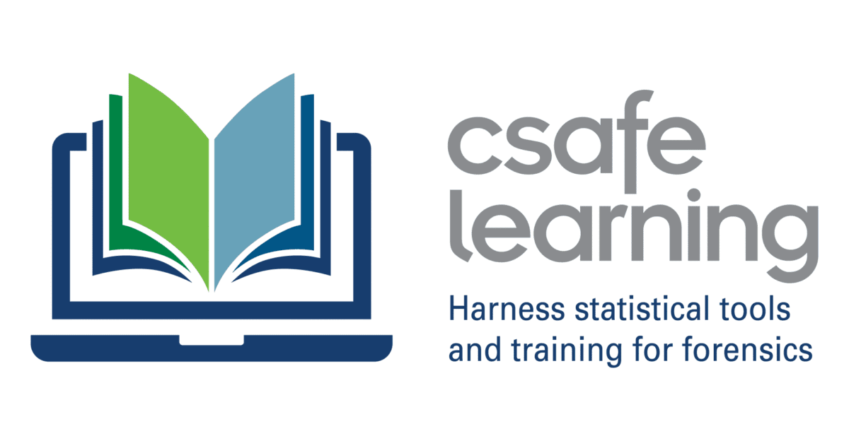 Illustration of a laptop with an open book, and the text "csafe learning: Harness statistical tools and training for forensics.
