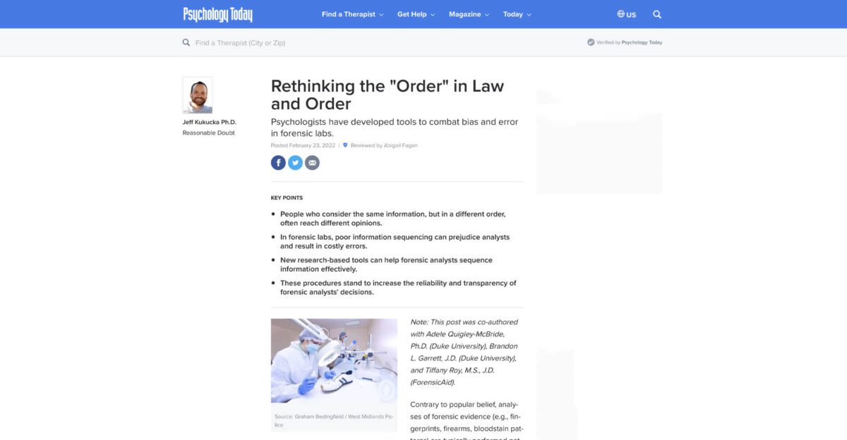 Psychologist writes article on reducing bias in law; scientists analyze data in lab photo.