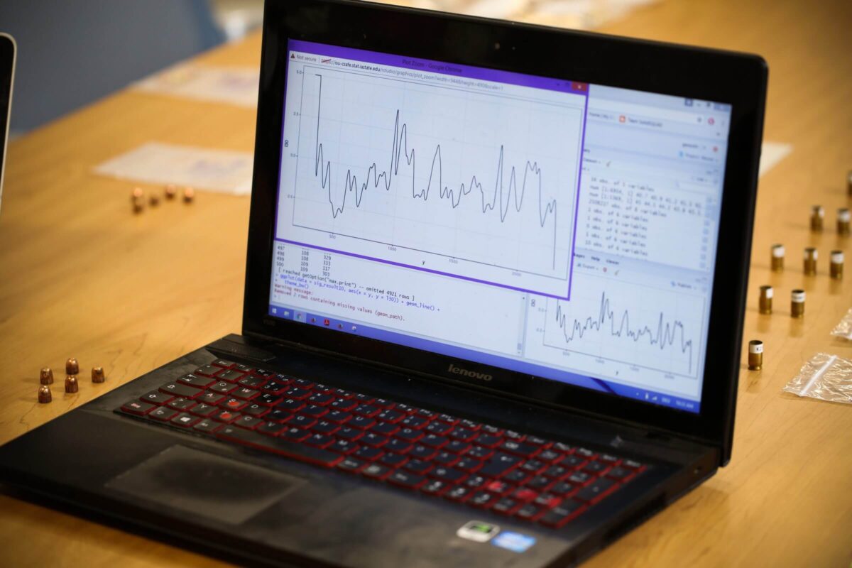 A laptop displays data analysis graphs and coding on its screen, sitting on a wooden desk.