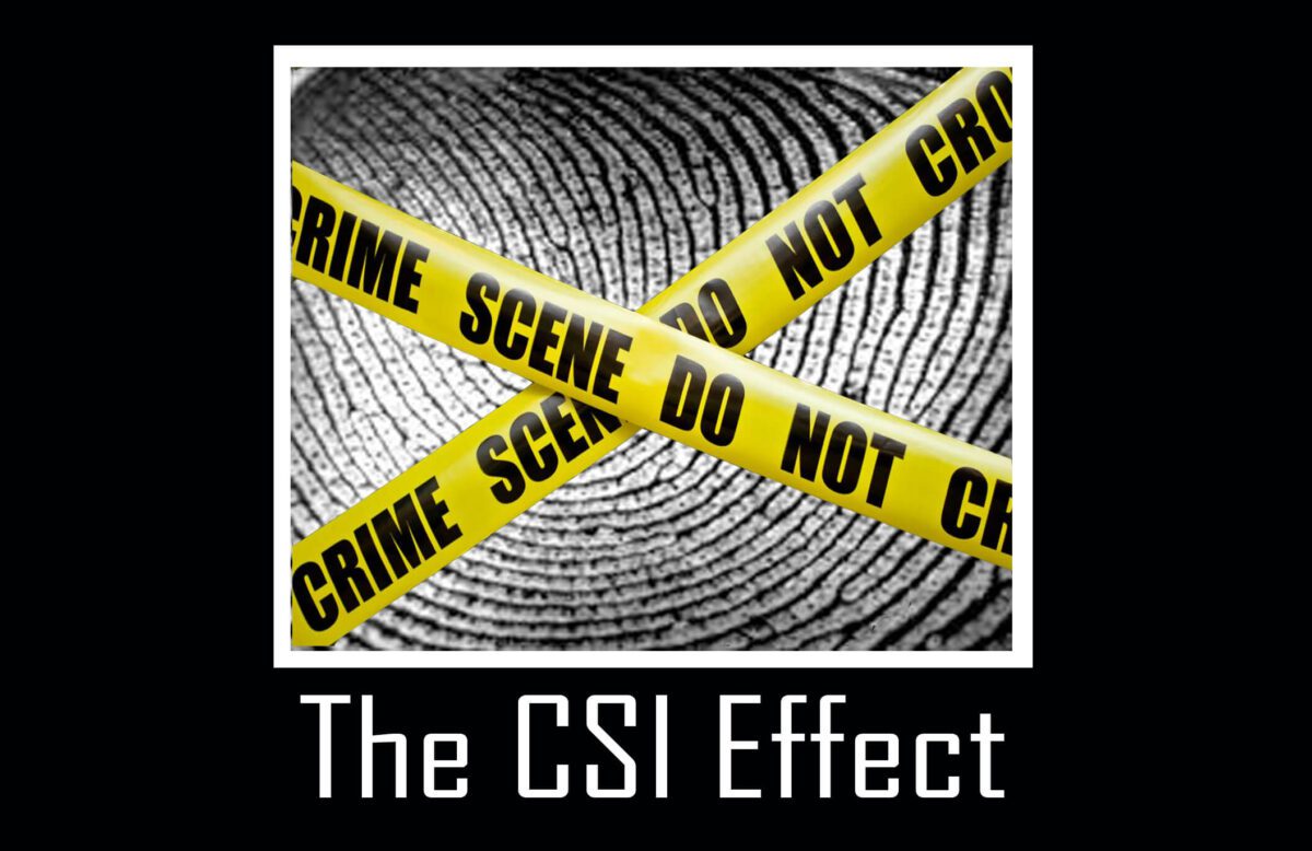 A fingerprint behind crossed yellow crime scene tape, with the text "The CSI Effect" below.