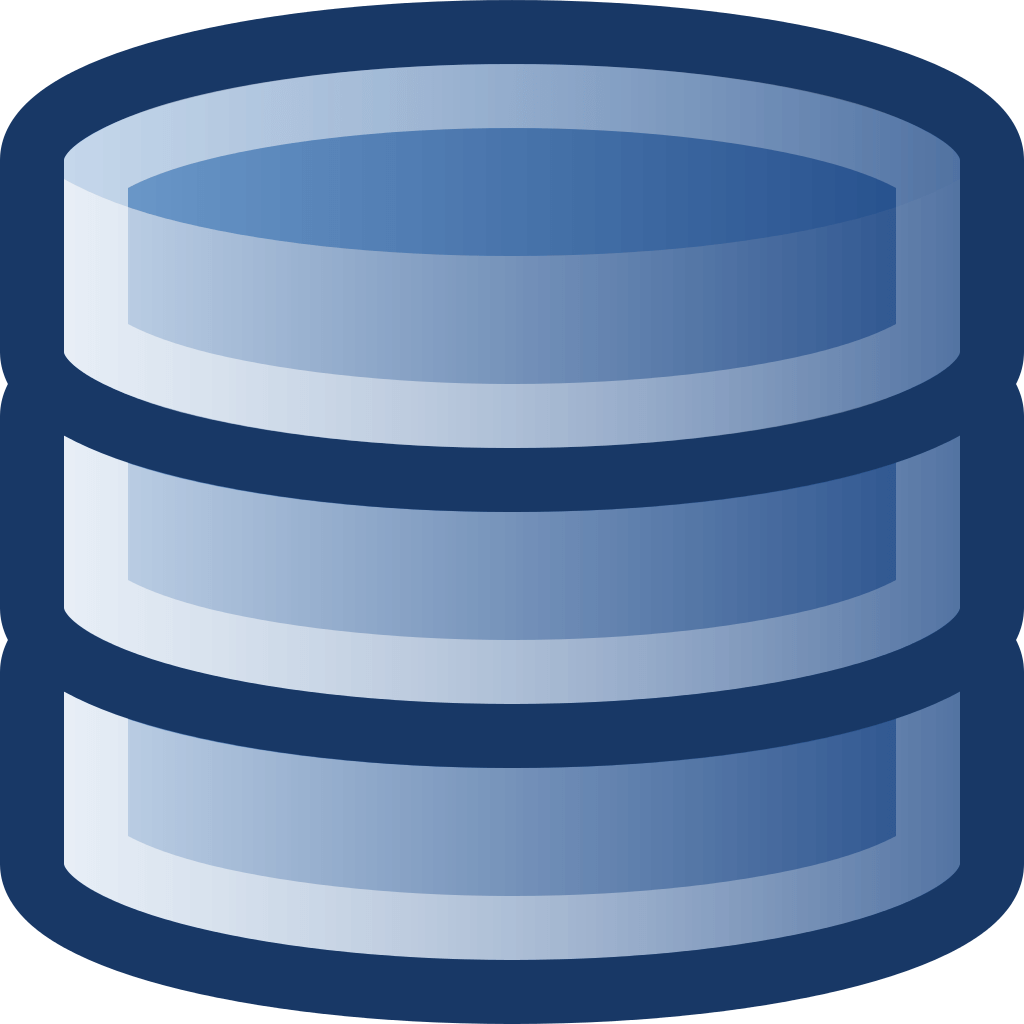 Icon of a blue cylindrical database with three stacked layers, depicted in a simple, flat style.