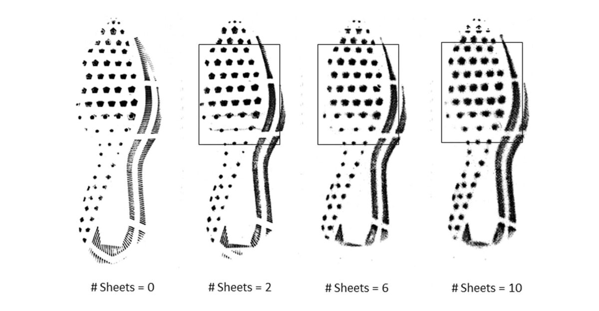 Four shoe sole prints with increasing numbers of sheets: 0, 2, 6, and 10, each inside a box outline.