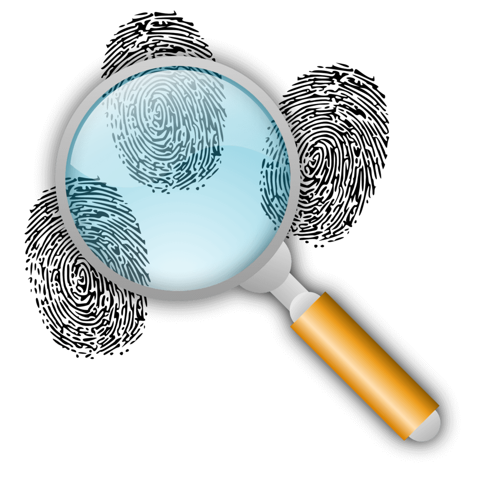 A magnifying glass hovers over black fingerprints, highlighting fingerprint details.