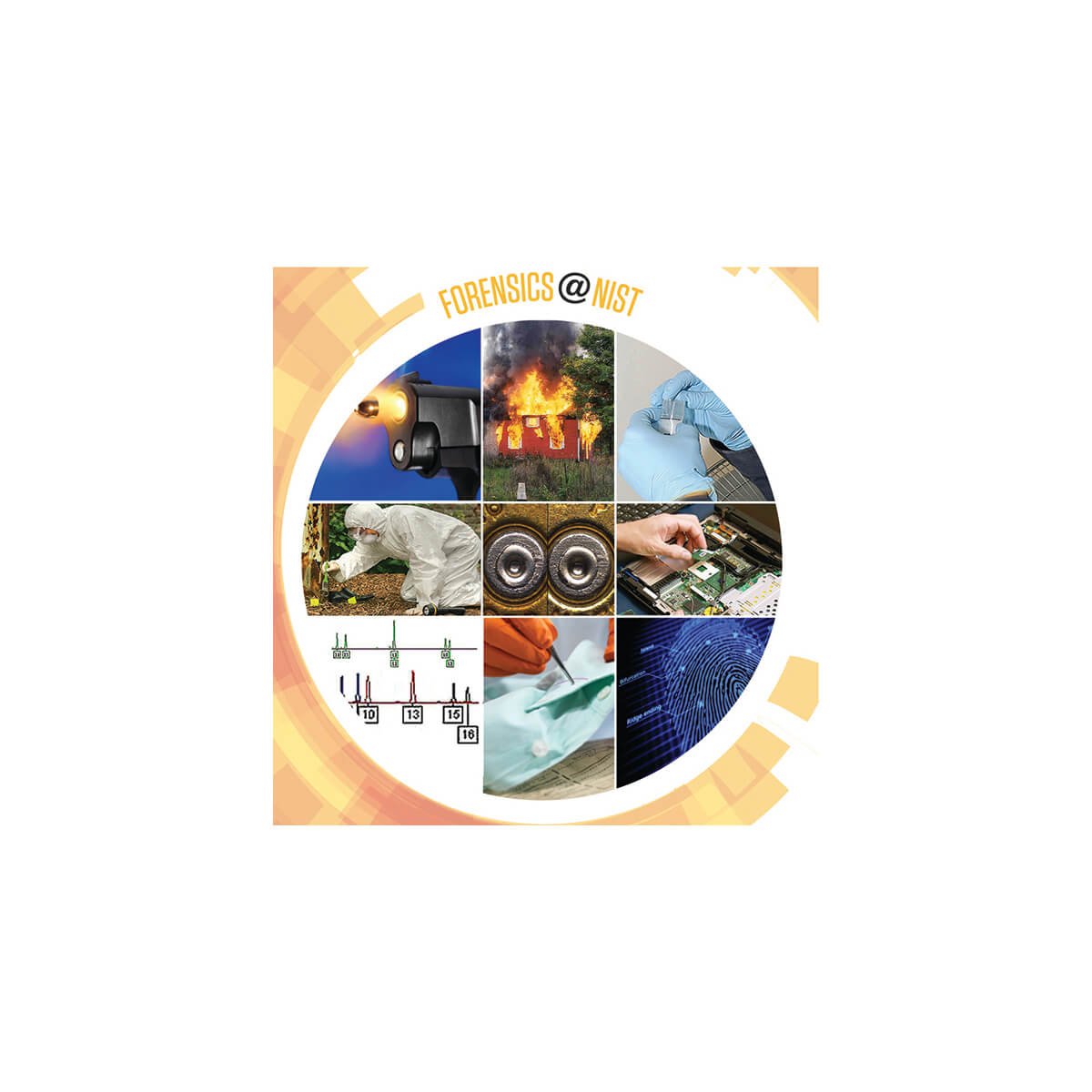 A forensic science collage with images of evidence analysis, fire, lab work, and technology.