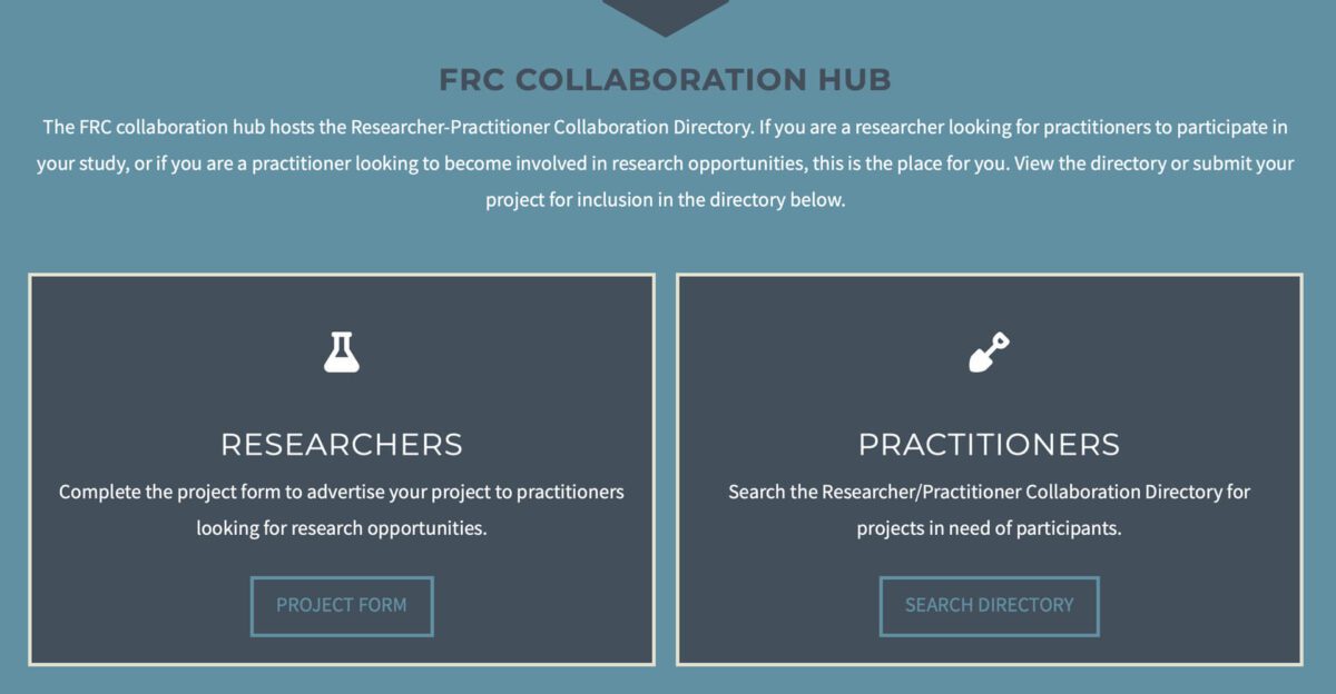 A website section titled "FRC Collaboration Hub" with options for researchers and practitioners.