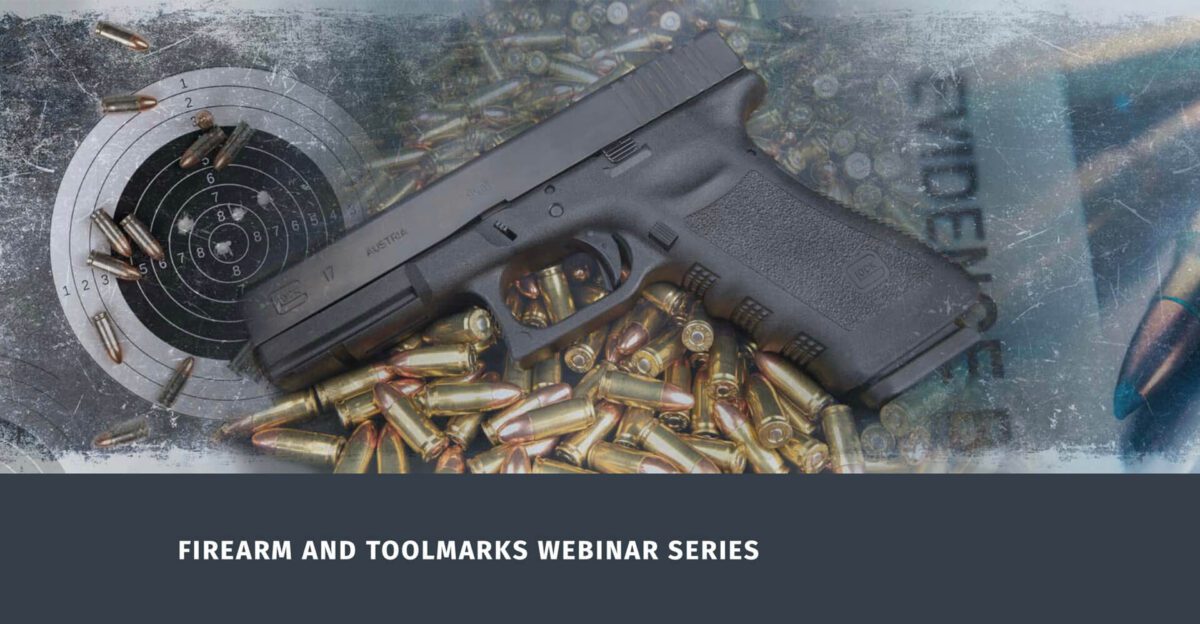 A pistol rests on scattered bullets near a paper target; text reads "Firearm and Toolmarks Webinar Series.