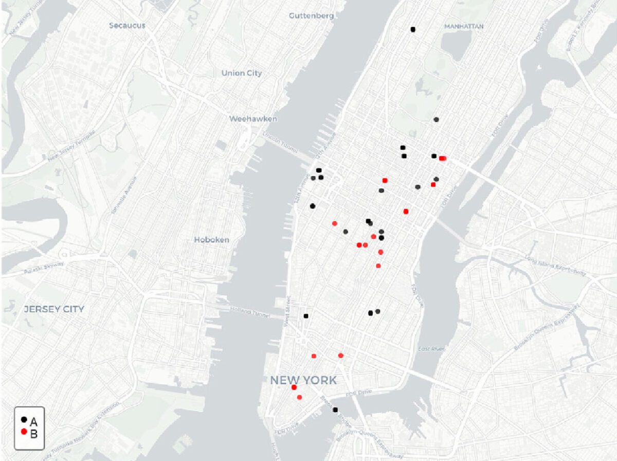 A map of Manhattan with red and black dots marking various locations.