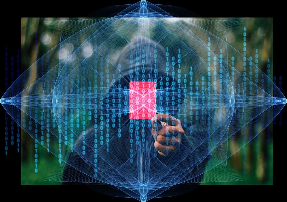 A hooded figure touches a glowing red square amid digital binary code and geometric patterns.