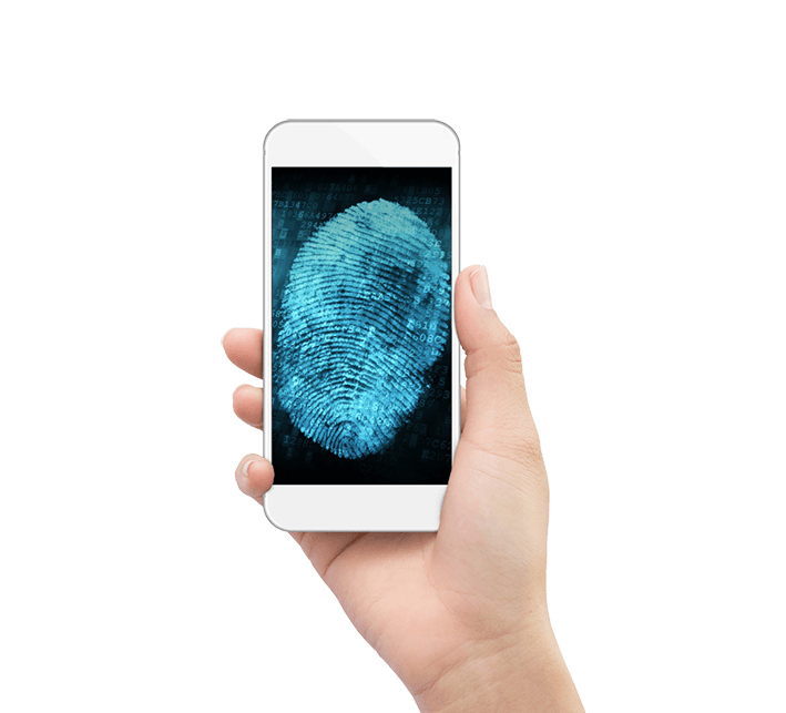 A hand holding a smartphone displaying a large blue fingerprint on the screen.
