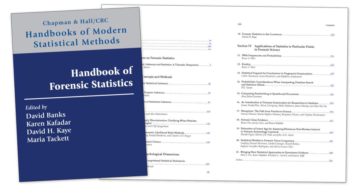 Book cover titled "Handbook of Forensic Statistics" overlaid on pages of the book's table of contents.