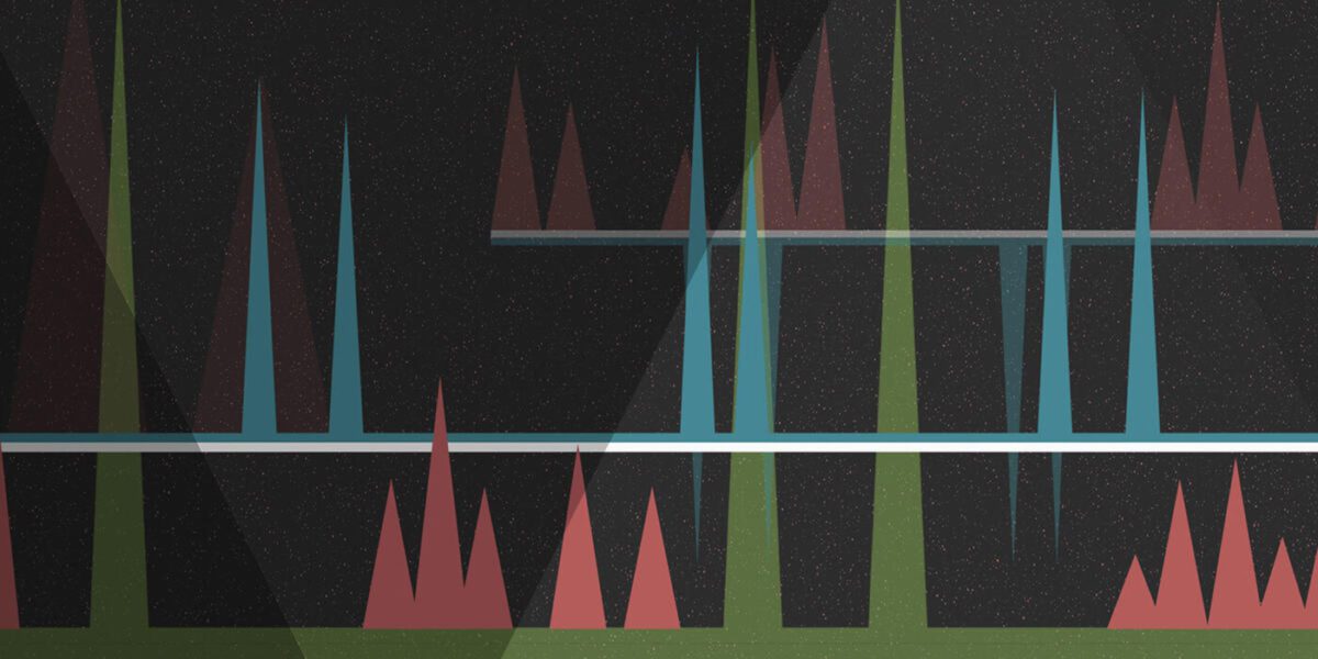 Abstract geometric shapes and lines in green, blue, and red on a dark, speckled background.
