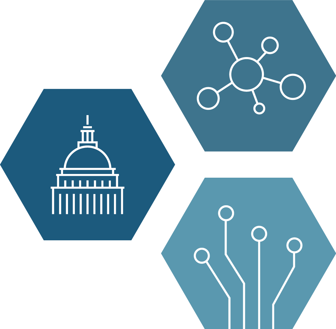 Three blue hexagons with icons: a government building, a network, and a circuit diagram.