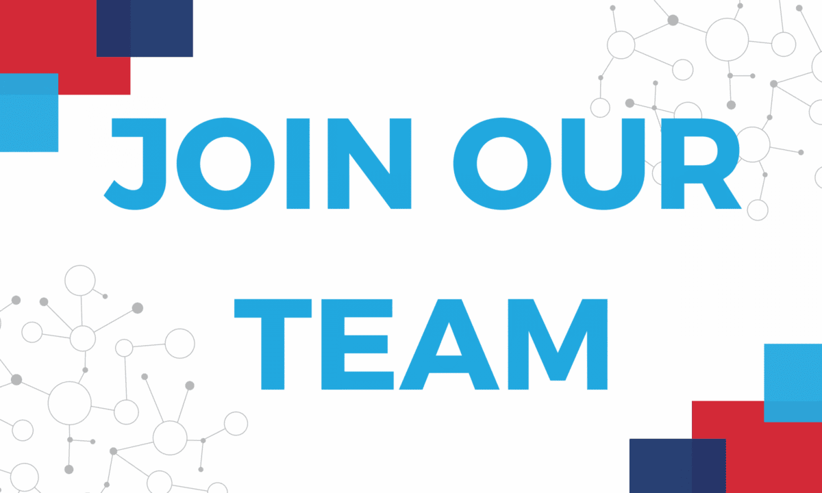 Blue text "Join Our Team" with red, blue, and gray geometric and network designs on a white background.