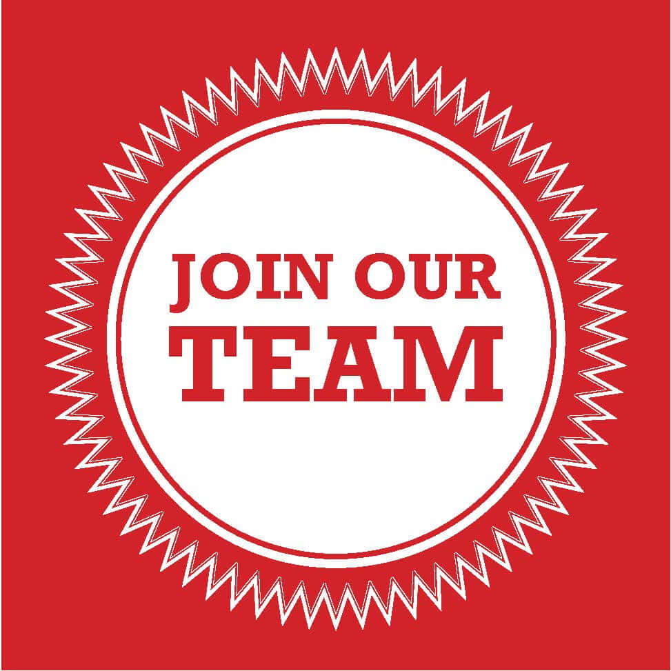 Red graphic with a white circular seal that says "JOIN OUR TEAM" in bold red text.
