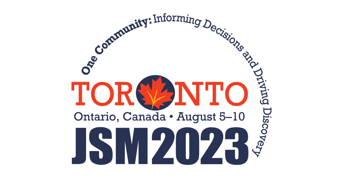 Logo for JSM 2023 in Toronto, Canada, with a maple leaf and event dates, August 5-10.