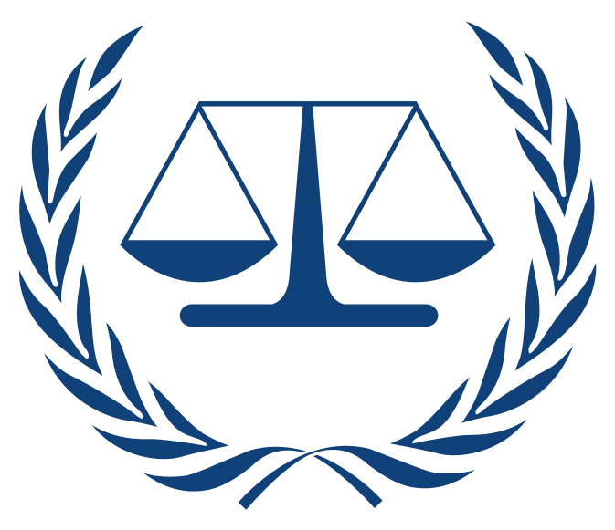 Blue scales of justice surrounded by laurel branches on a light background.