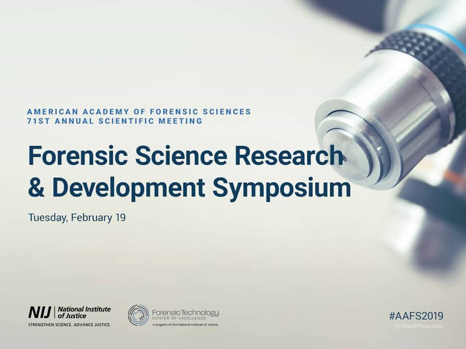 Close-up of a microscope with text about a Forensic Science Research Symposium on February 19.