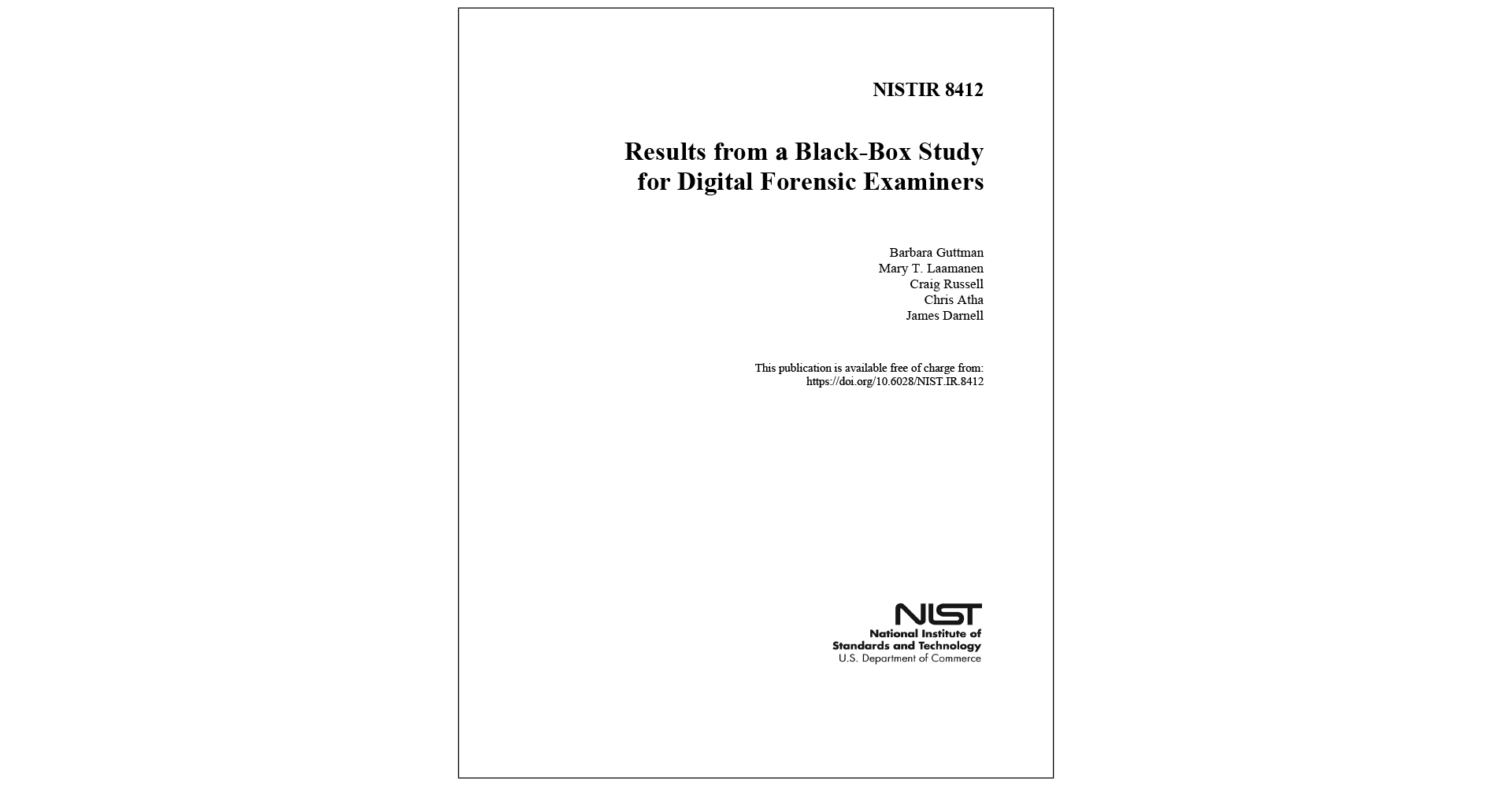 Cover page of a NIST report titled "Results from a Black-Box Study for Digital Forensic Examiners.