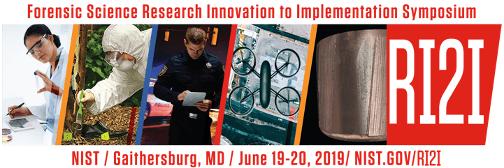 Banner for a forensic science symposium with images of lab work, investigation, and a drone.
