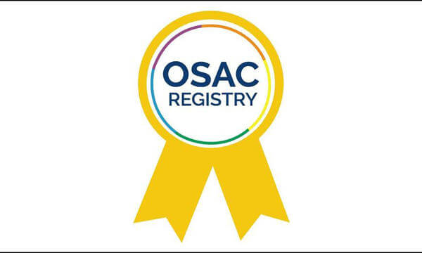 A yellow ribbon badge with the text "OSAC Registry" inside a circular white center.