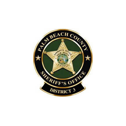 Palm Beach County Sheriff’s Office District 3 gold and green badge on a white background.