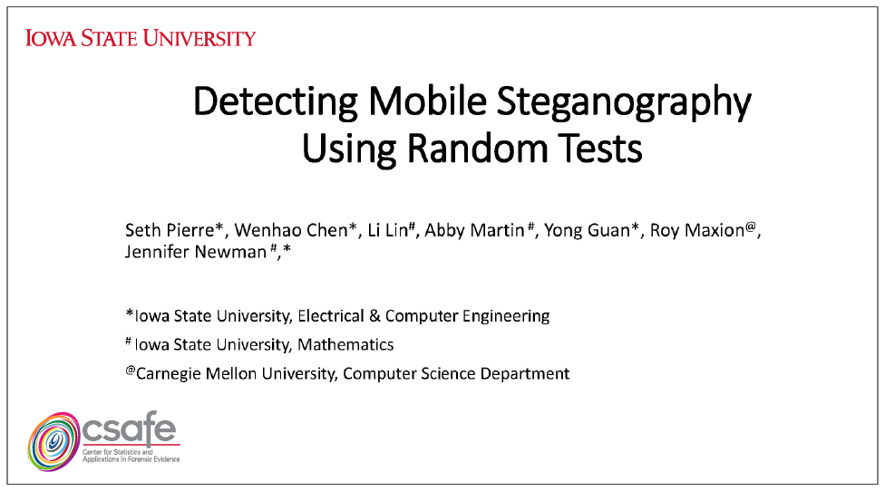 Title slide: "Detecting Mobile Steganography Using Random Tests" with author names and university affiliations.